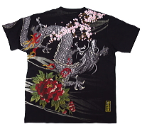半袖和柄Ｔシャツ 龍神桜に牡丹刺繍